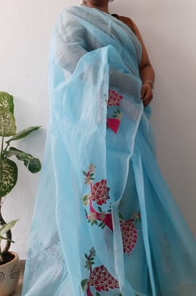 Cotton Kota Doria Saree Crystal Blue Color Embroidered with running blouse-4980