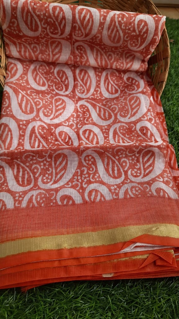 Kota Doria Cotton Saree Flame Pea Orange Color Printed with running blouse-7667 - Sarees | Buy online on ZillyBuy