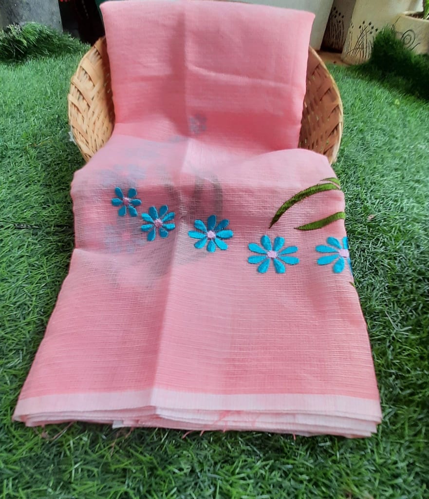 Kota Doria Pure Cotton Saree Embroidered Pink Color with blouse Handcrafted-8292 - Sarees | Buy online on ZillyBuy