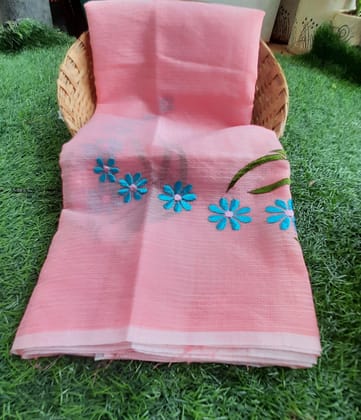 Kota Doria Pure Cotton Saree Embroidered Pink Color with blouse Handcrafted-8292