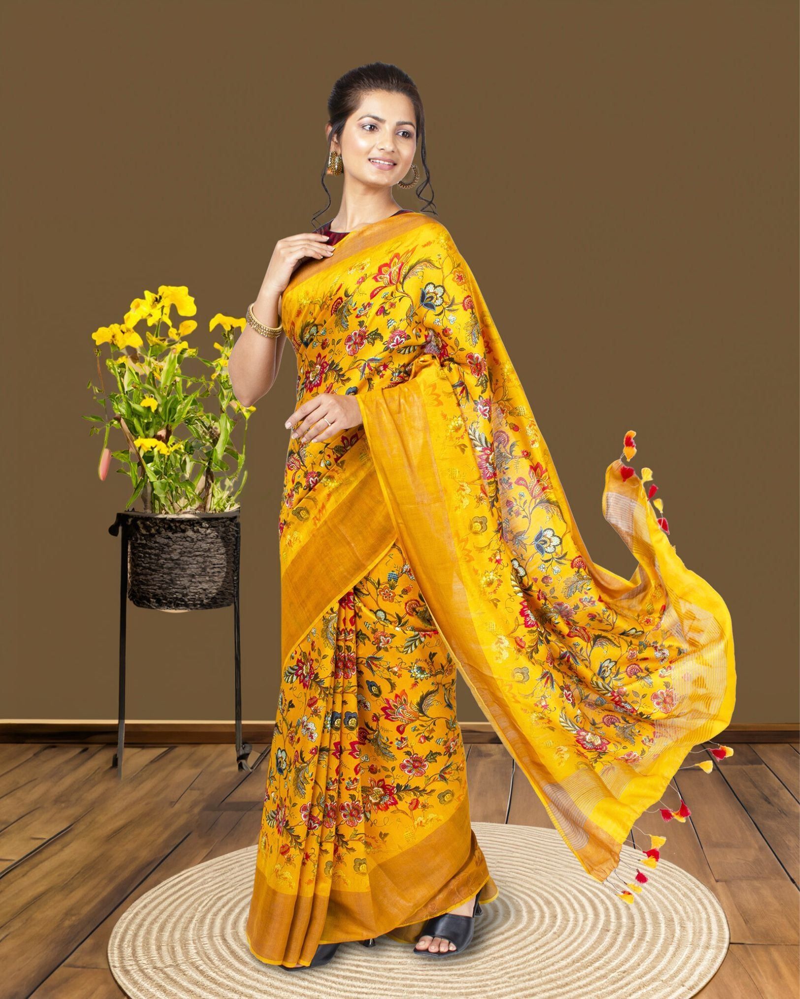 Moonga Tussar Silk Saree Spanish Yellow Color with Digital Print and running blouse-5535