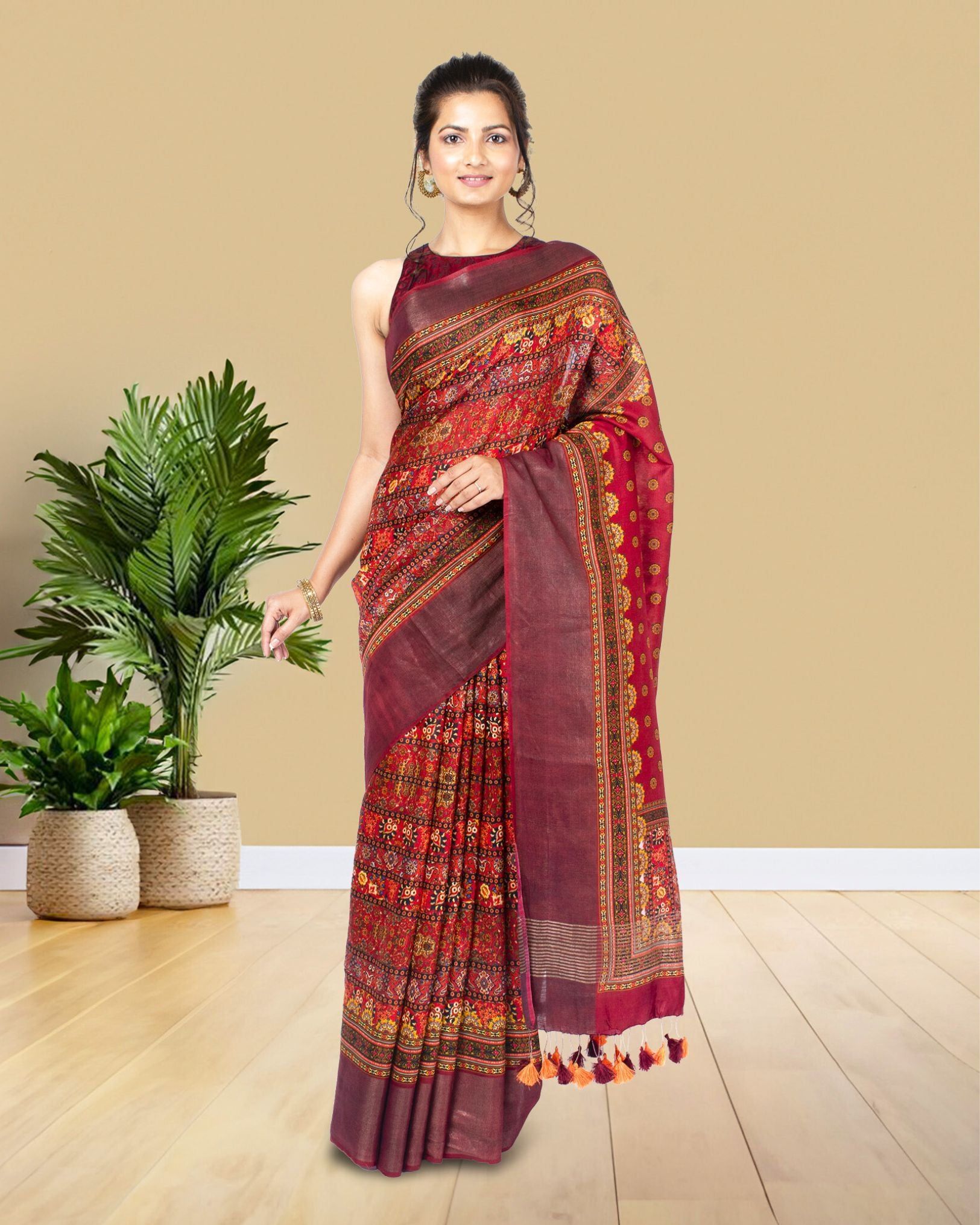 Moonga Tussar Silk Saree Brick Red Color with Digital Print and running blouse-4679