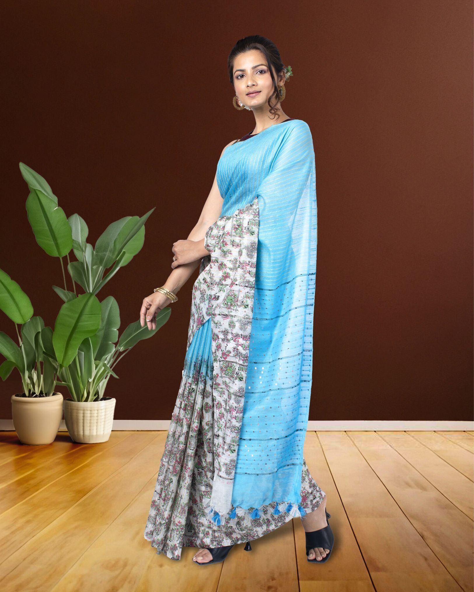 Kota Silk Saree Summer Sky Blue Color Body Striped with Sequence Pallu, Half Dye Half Print and Running Blouse-6281