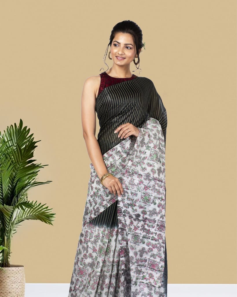 Kota Silk Saree Black & White Color Body Striped with Sequence Pallu, Half Dye Half Print and Running Blouse-7168 - Sarees | Buy online on ZillyBuy