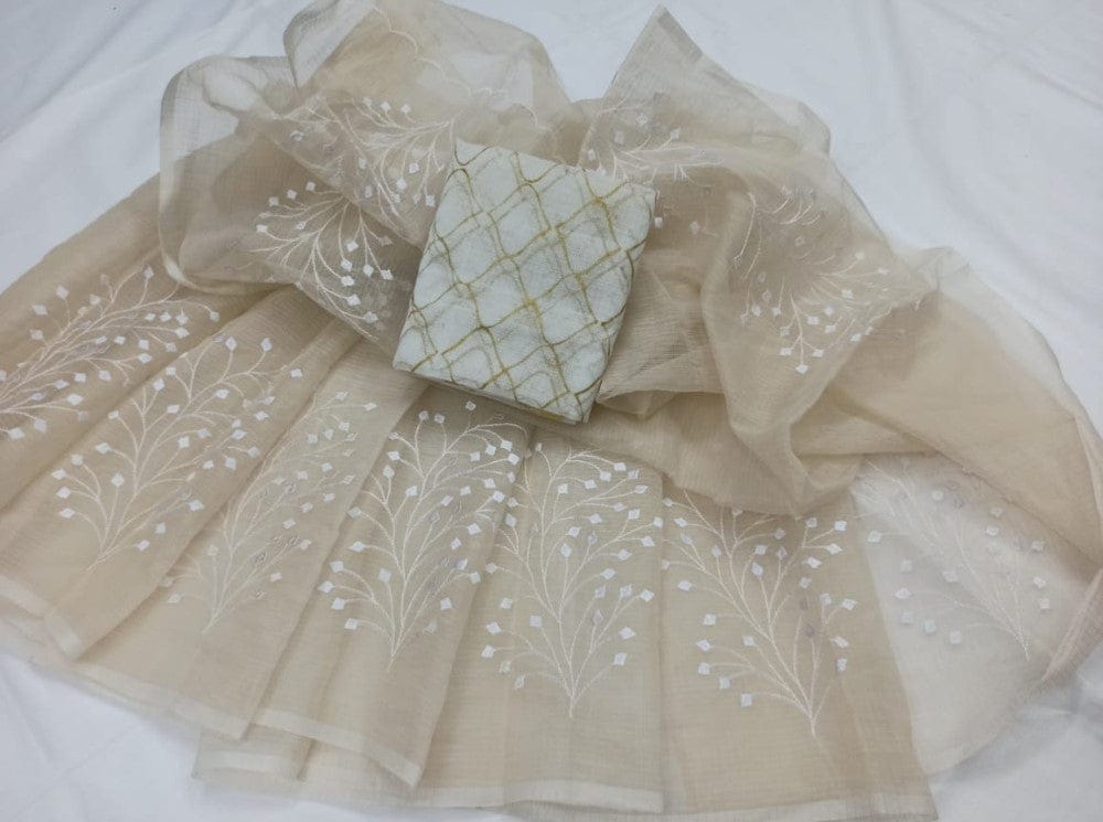 Kota Doria Saree Embroidered Cloudy Brown Color with blouse Handcrafted-2658 - Sarees | Buy online on ZillyBuy