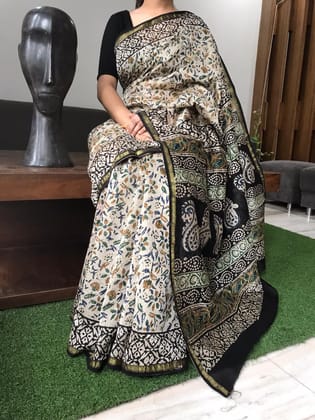 Chanderi Silk Saree Off White Color Kalamkari Handblock Printed with running blouse-7405