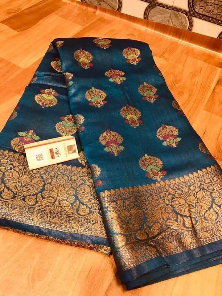 Silkmark Certified Tussar Moonga Banarasi Silk Saree Blue Color with running blouse-7454