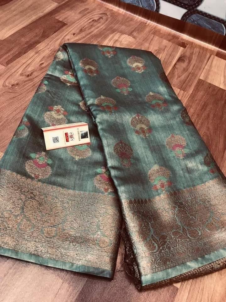Silkmark Certified Tussar Moonga Banarasi Silk Saree Pantone Green Color with running blouse-5739 - Sarees | Buy online on ZillyBuy