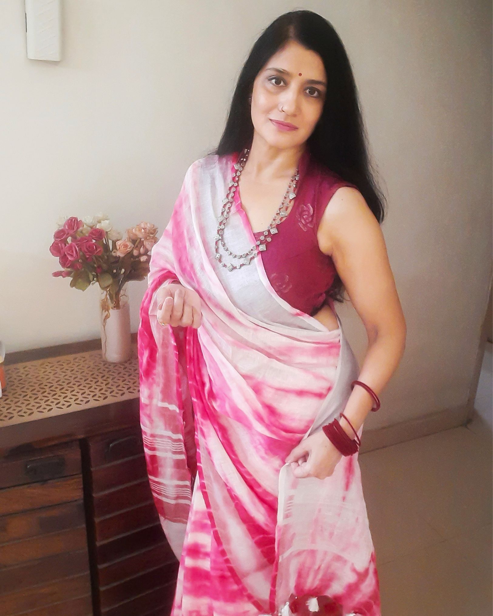 Linen Shibori Pink Hand Dyed Saree with Blouse-4232