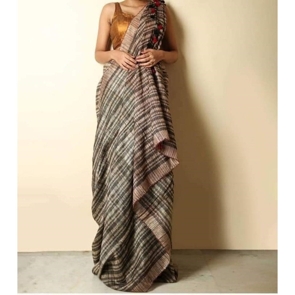 Pure Ghicha Tussar Silk Brown Saree with Running Blouse SilkMark Certified-2545