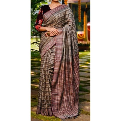 Pure Ghicha Tussar Silk Brown Saree with Running Blouse SilkMark Certified-5991