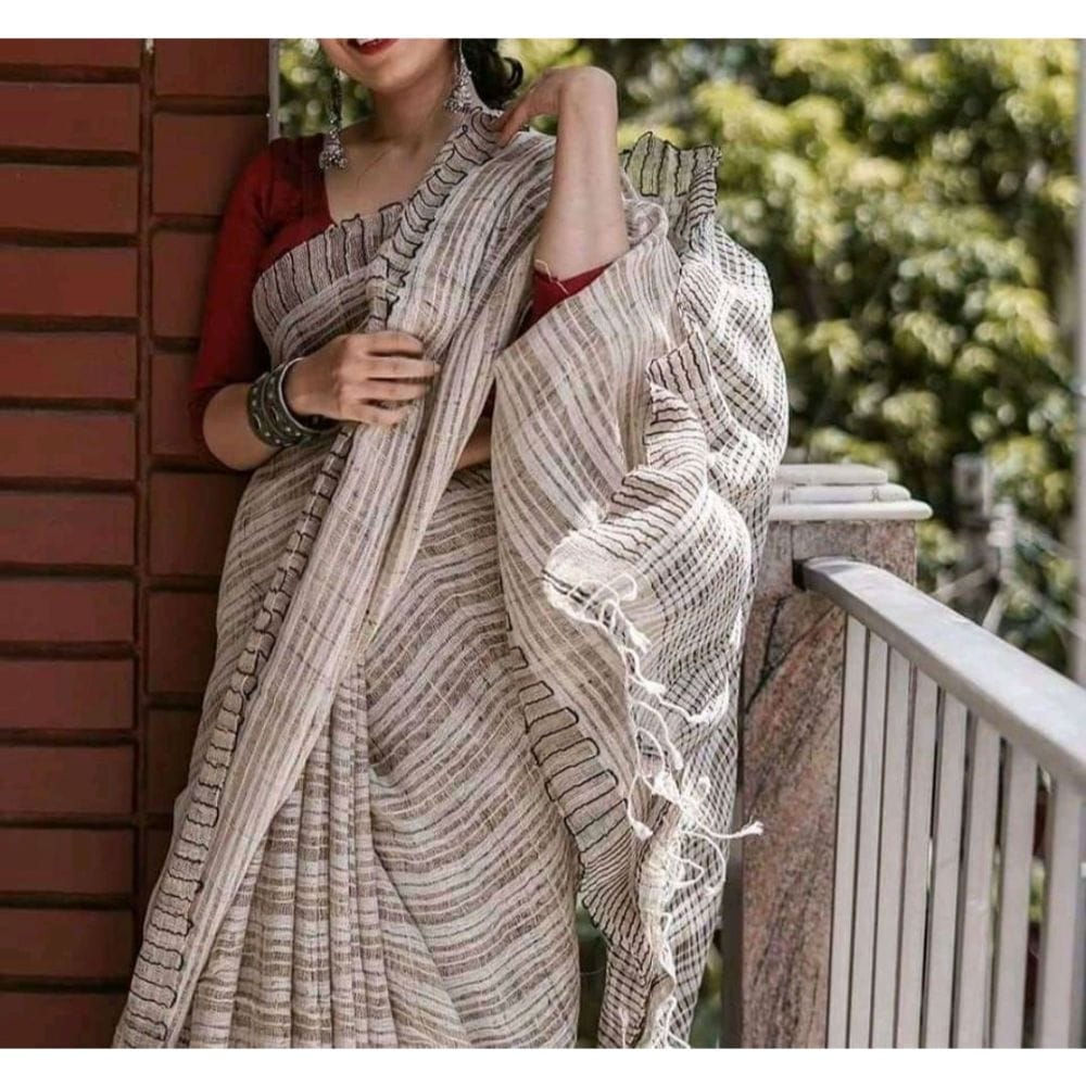 Pure Ghicha Tussar Silk Biege Saree with Running Blouse SilkMark Certified-3772