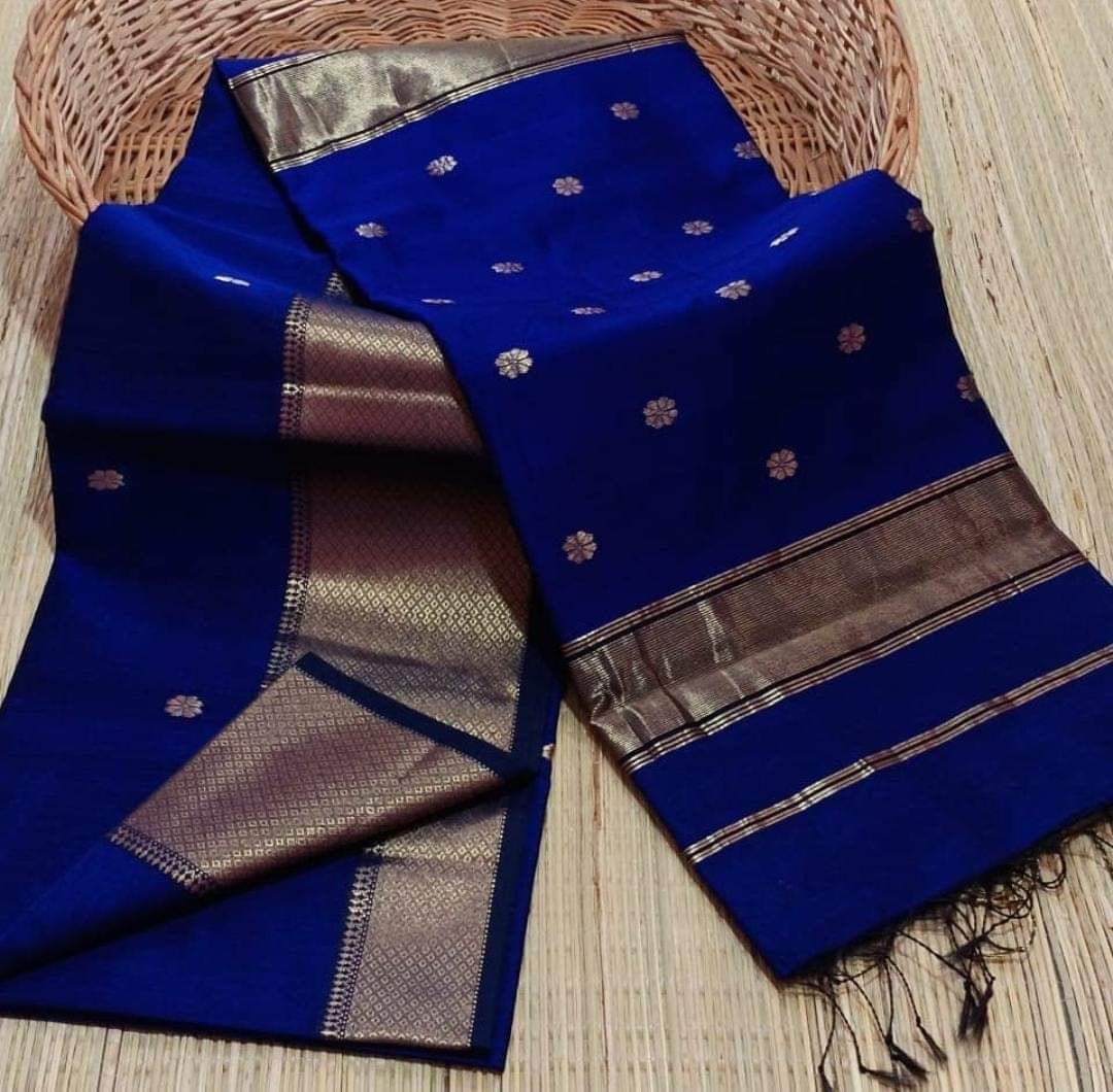 Pure Maheshwari Silk Saree Butta Body Blue Color and running blouse with butta design-6412