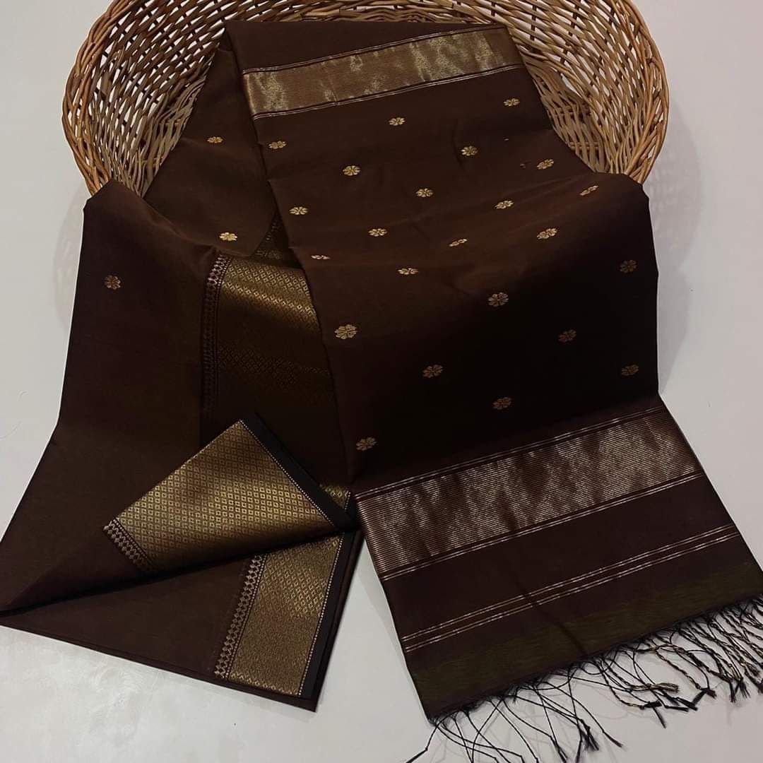 Pure Maheshwari Silk Saree Butta Body Brown Color and running blouse with butta design-8157