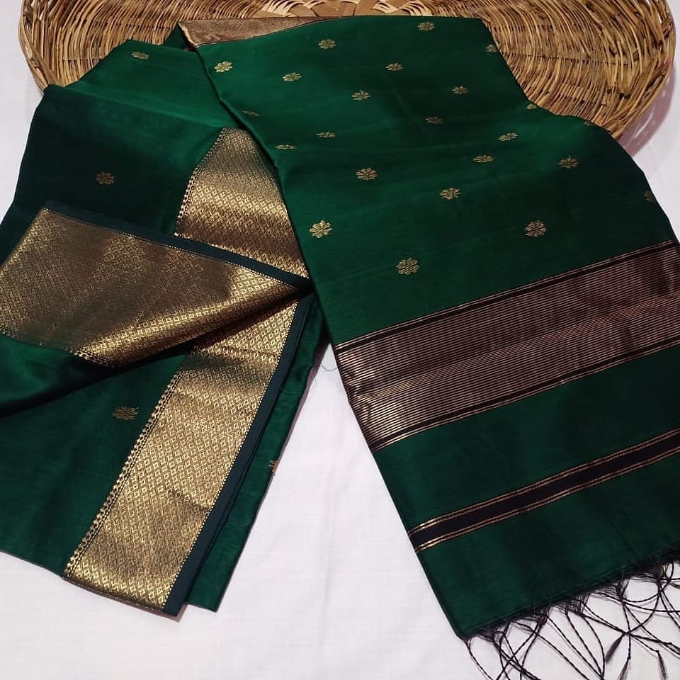 Pure Maheshwari Silk Saree Butta Body Green Color and running blouse with butta design-4948 - Sarees | Buy online on ZillyBuy