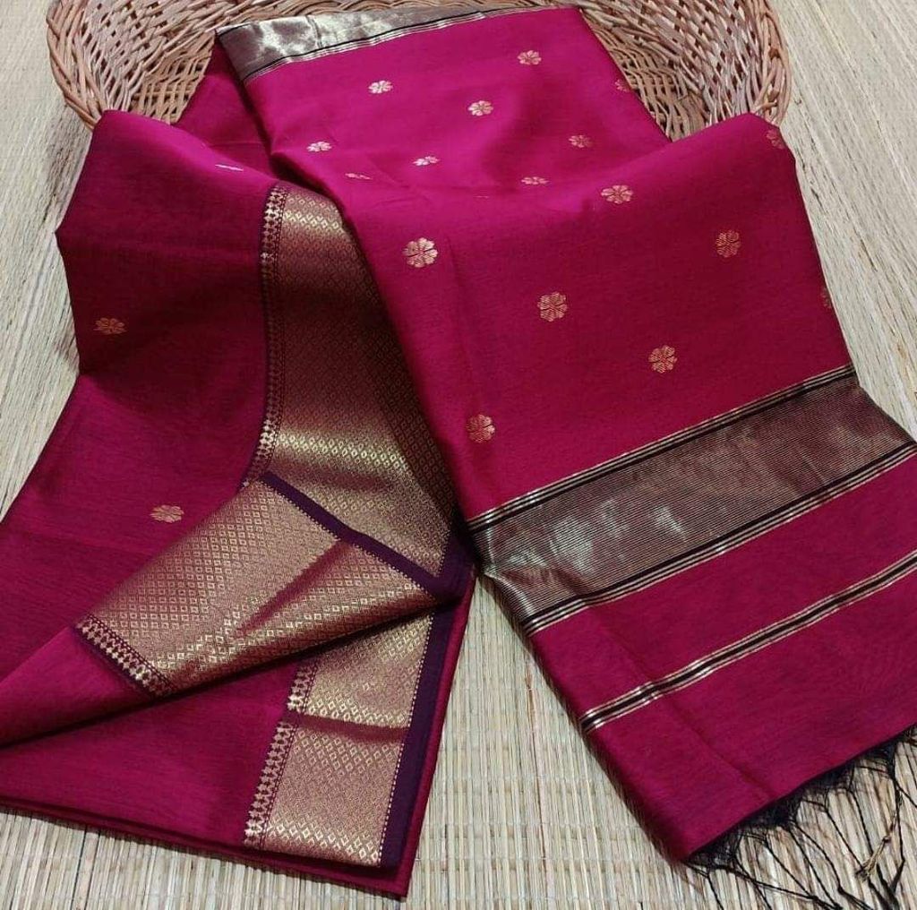 Pure Maheshwari Silk Saree Butta Body Ruby Red Color and running blouse with butta design-3168 - Sarees | Buy online on ZillyBuy