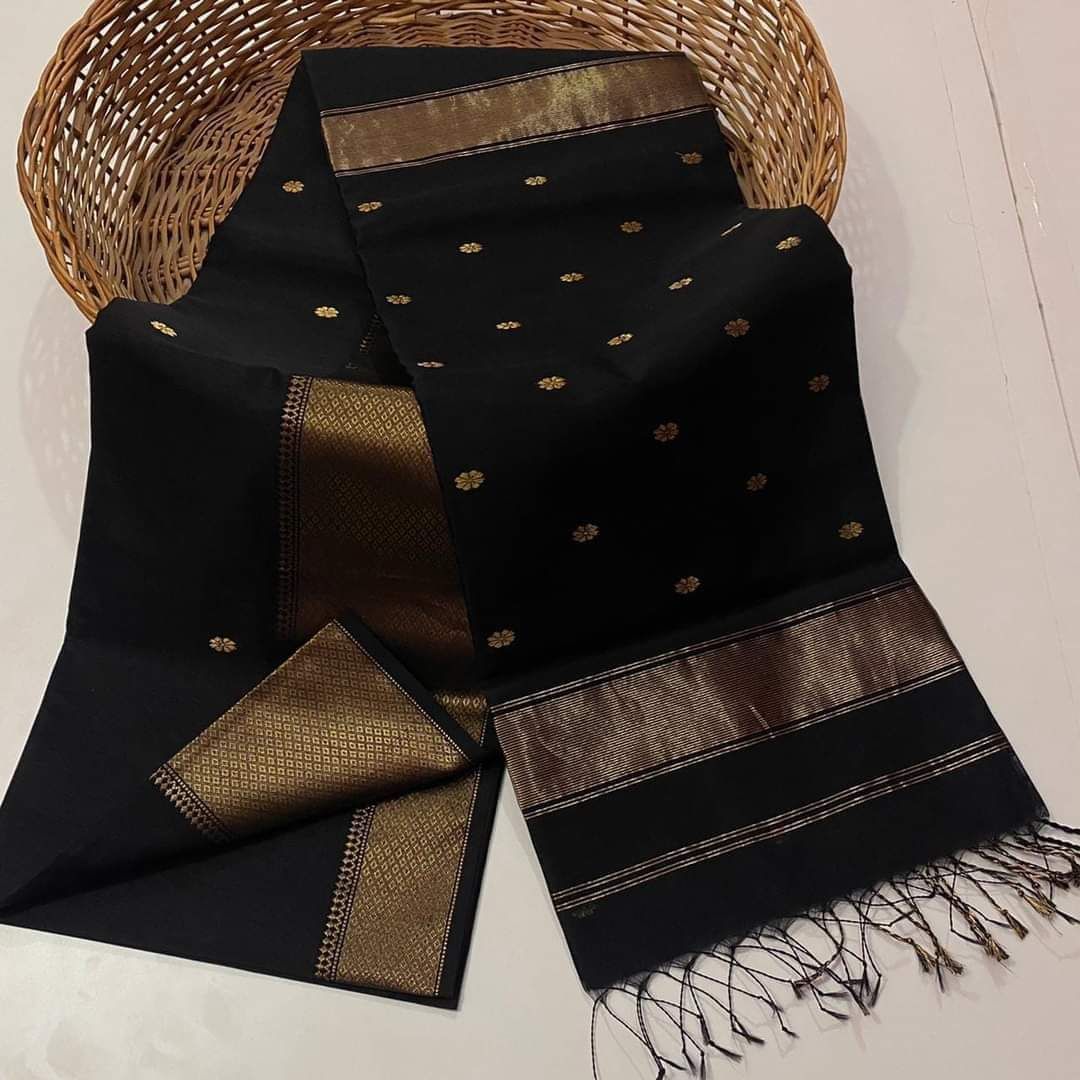 Pure Maheshwari Silk Saree Butta Body Black Color and running blouse with butta design-6223