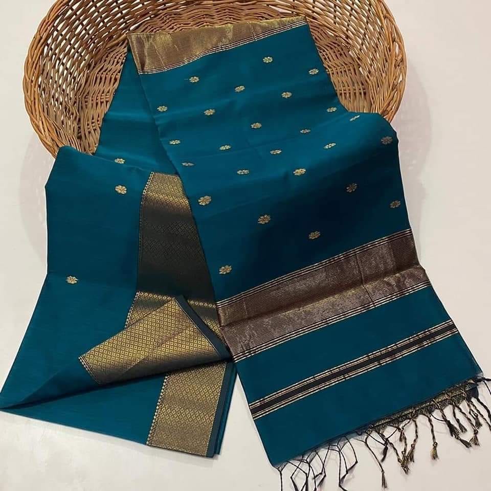 Pure Maheshwari Silk Saree Butta Body Teal Blue Color and running blouse with butta design-6027