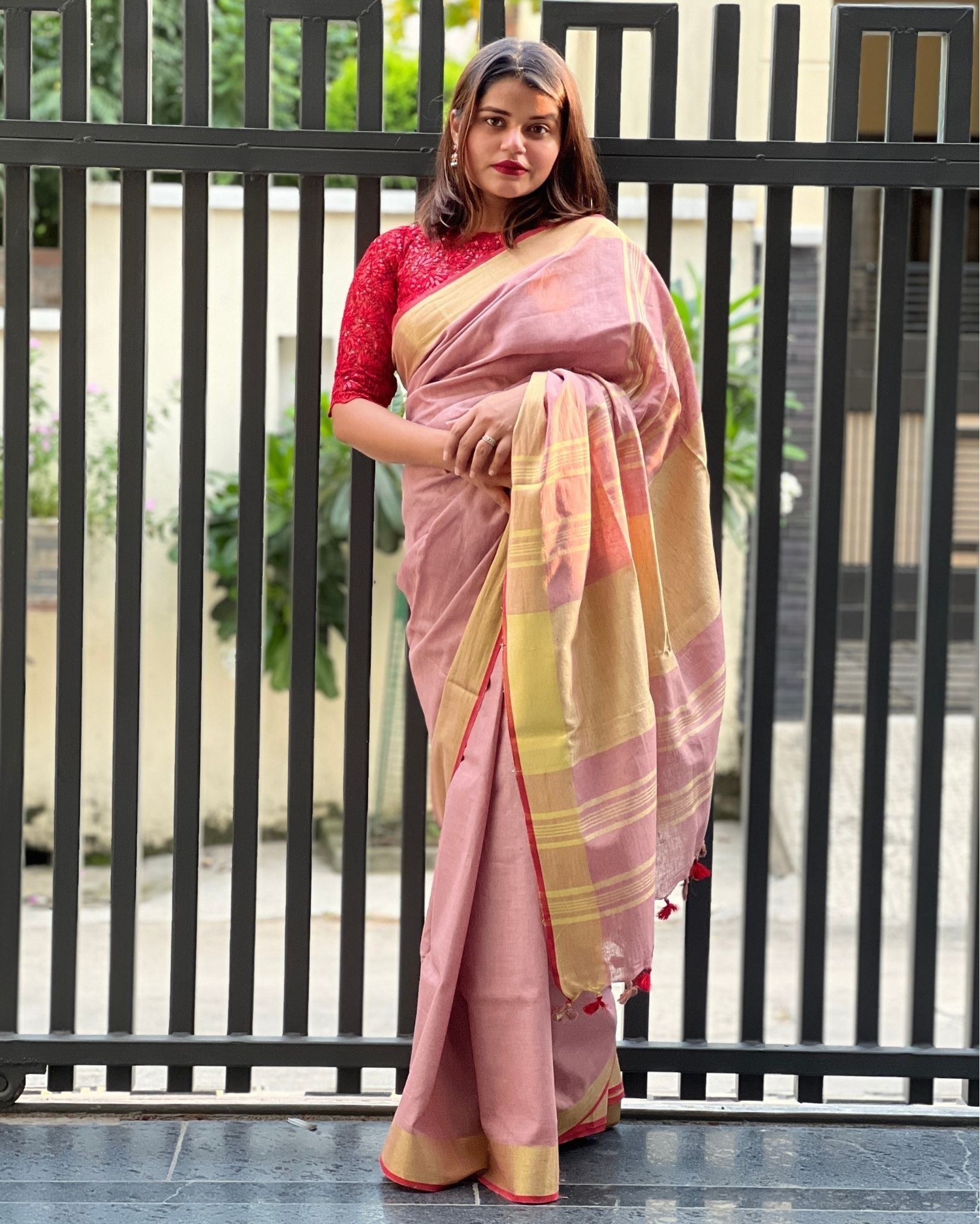 Handwoven Pure Linen Saree Dusky Pink Color with running Blouse-3117
