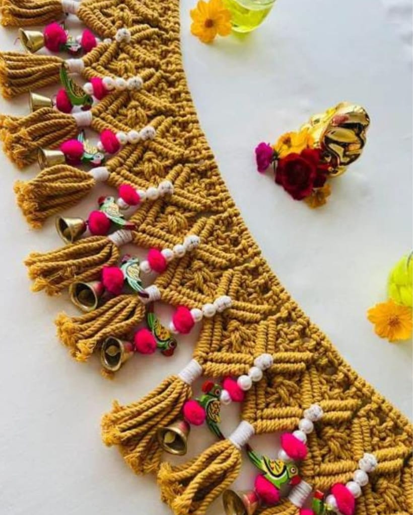 Macrame Handmade Toran with Parrot/Bell Decoration Mustard Yellow Color (Color can be customized)-7934 - Towels | Buy online on ZillyBuy