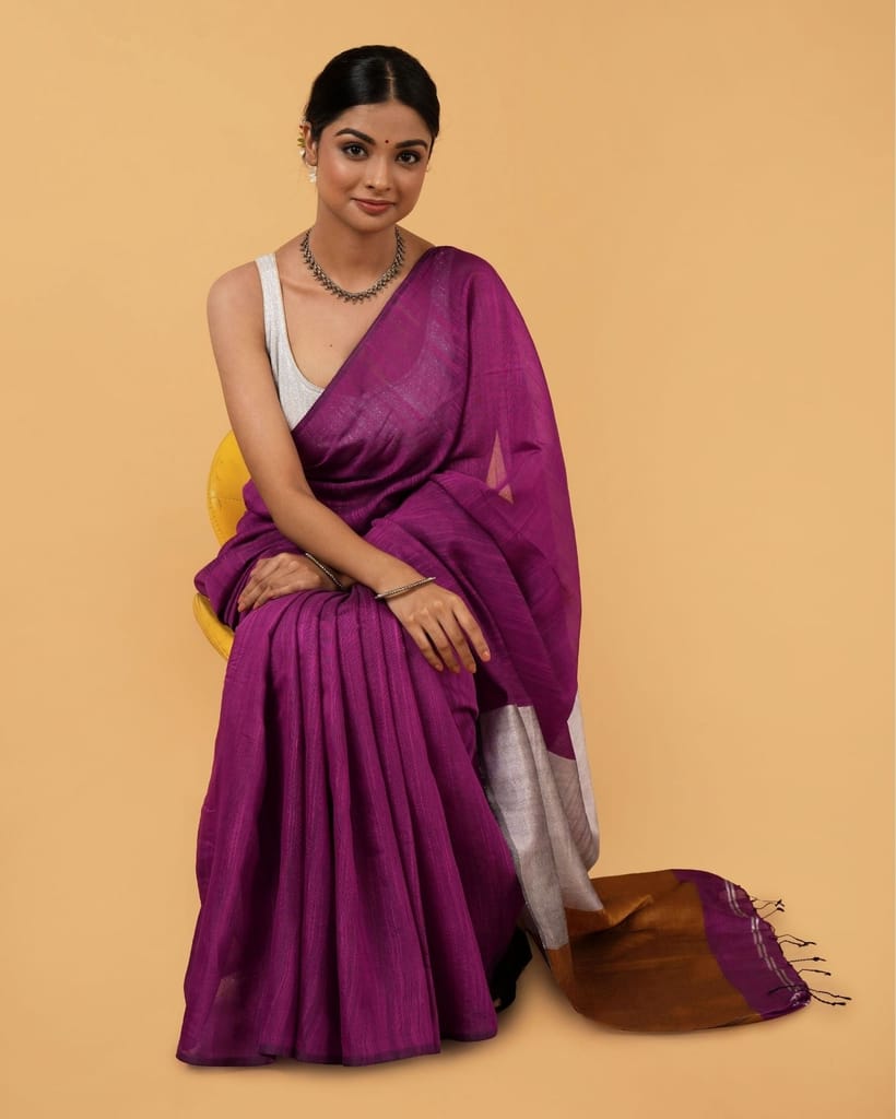 Silk Linen Plain Saree Deep Purple Color with contrast border and attached Running Blouse (Any Color Customizable)-7860 - Sarees | Buy online on ZillyBuy