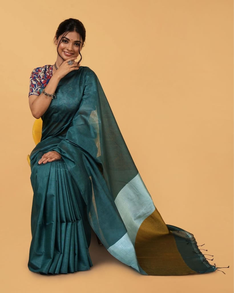 Silk Linen Plain Saree Green Color with contrast border and attached Running Blouse (Any Colour Customizable)-6493 - Sarees | Buy online on ZillyBuy