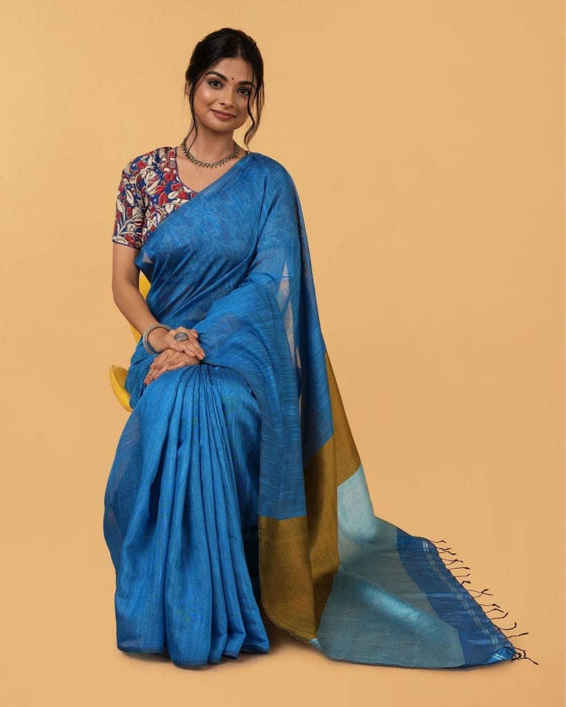 Silk Linen Plain Saree Sky Blue Color with contrast border and attached Running Blouse (Any Colour Customizable)-3365 - Sarees | Buy online on ZillyBuy