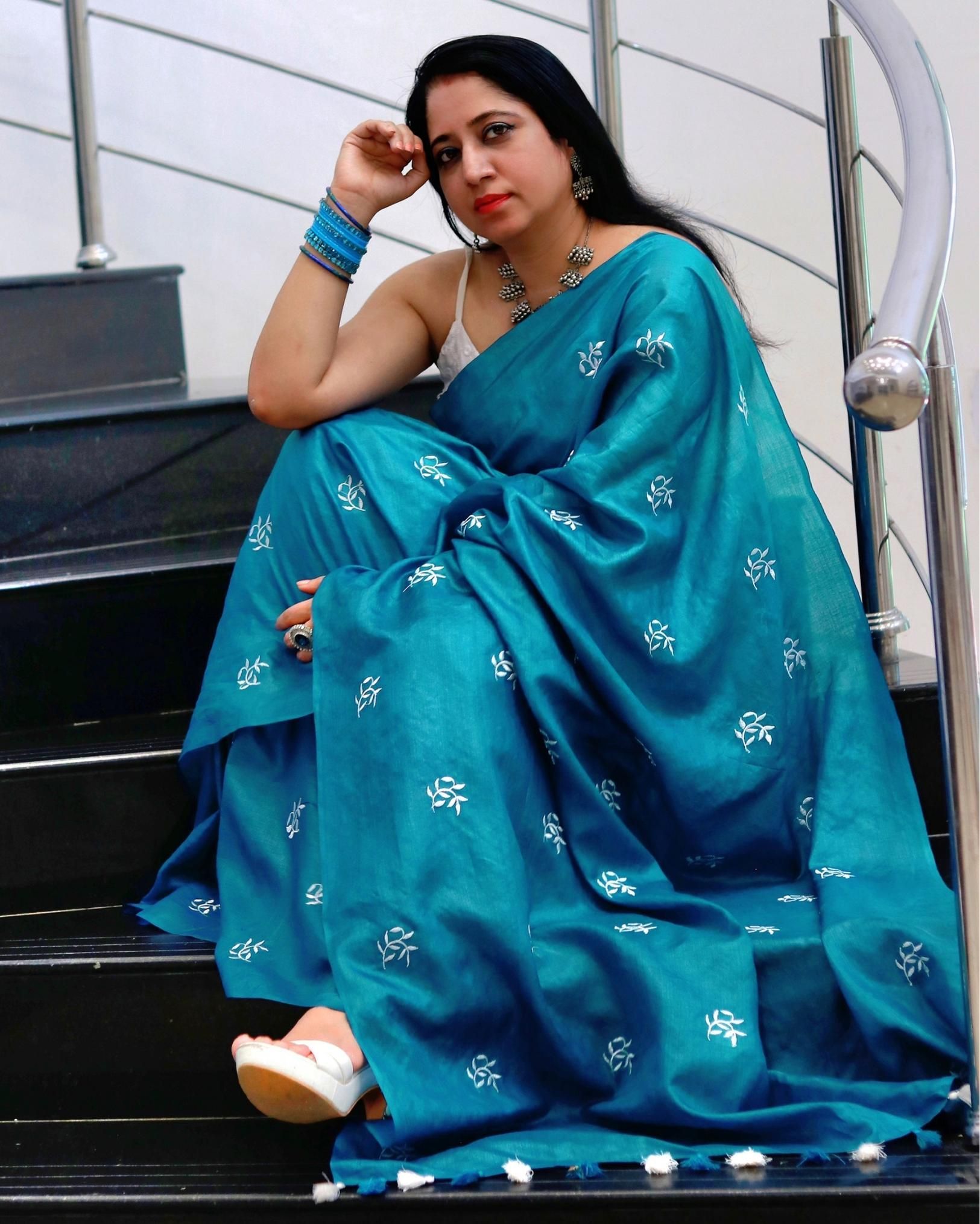 Silkmark Certified Pure Tussar Silk Embroidered Saree Rama Green Color with Embroidery Color Blouse (Tussar by Tussar)-3685