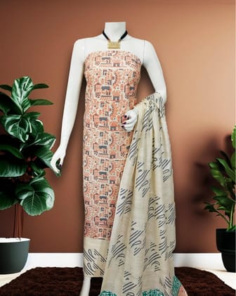 Katan Silk Suit Piece Beige Color Handcrafted with Bottom and Dupatta-9499