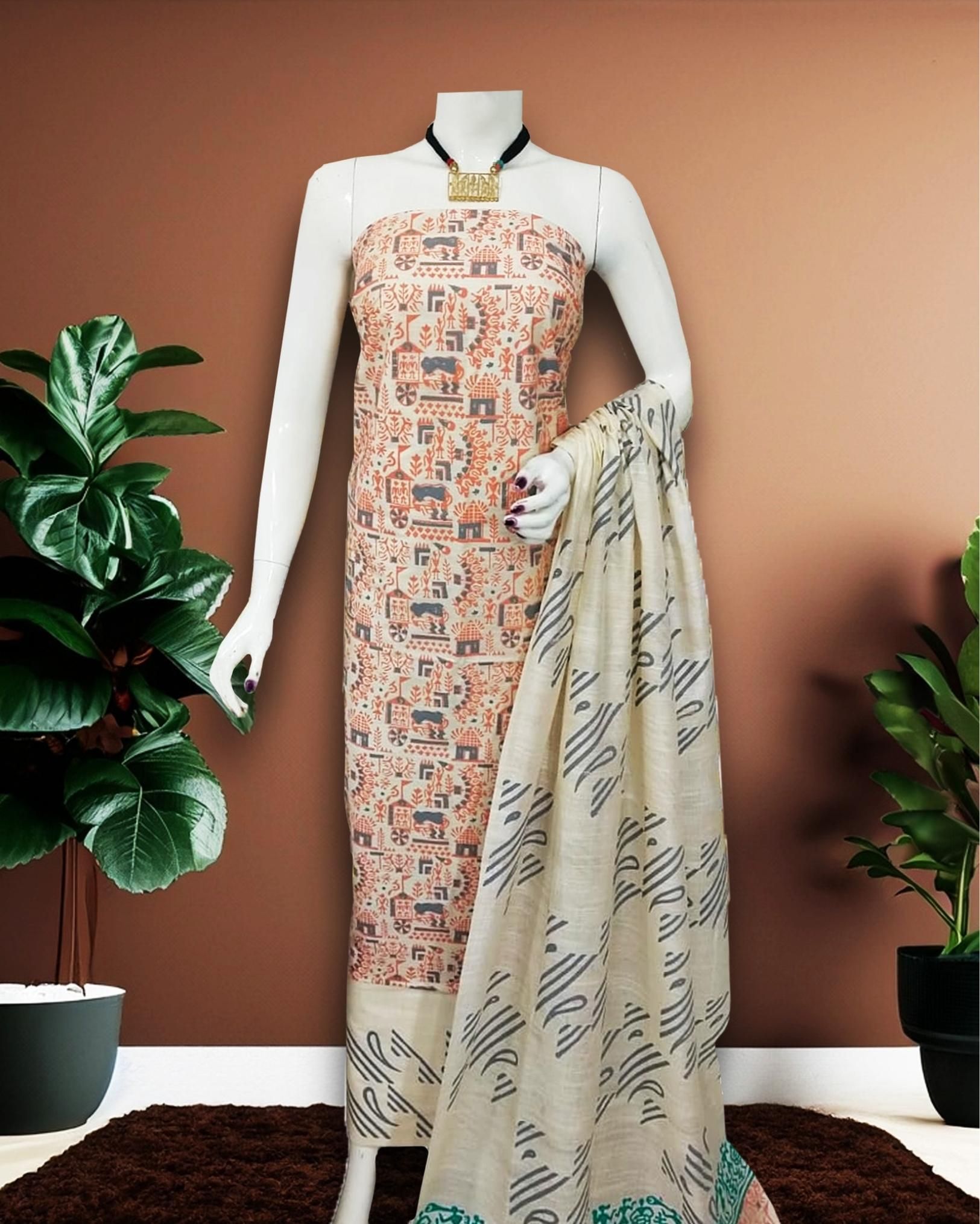 Katan Silk Suit Piece Beige Color Handcrafted with Bottom and Dupatta-9499