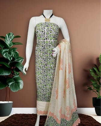 Katan Silk Suit Piece Green Color Handcrafted with Bottom and Dupatta-3512