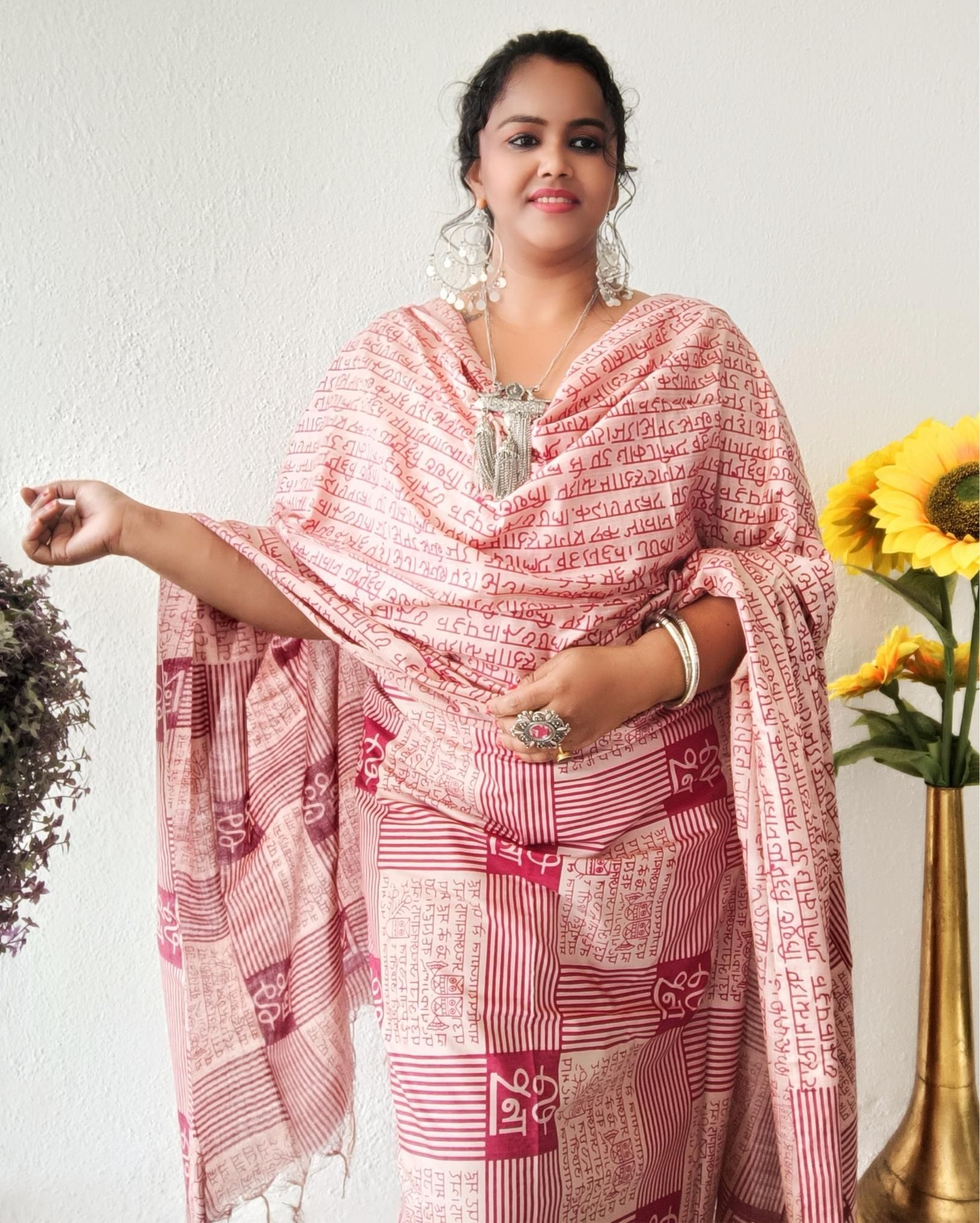 Katan Silk Handblock Printed Suit Piece Beige And Red Color with Bottom and Dupatta Handcrafted-4141