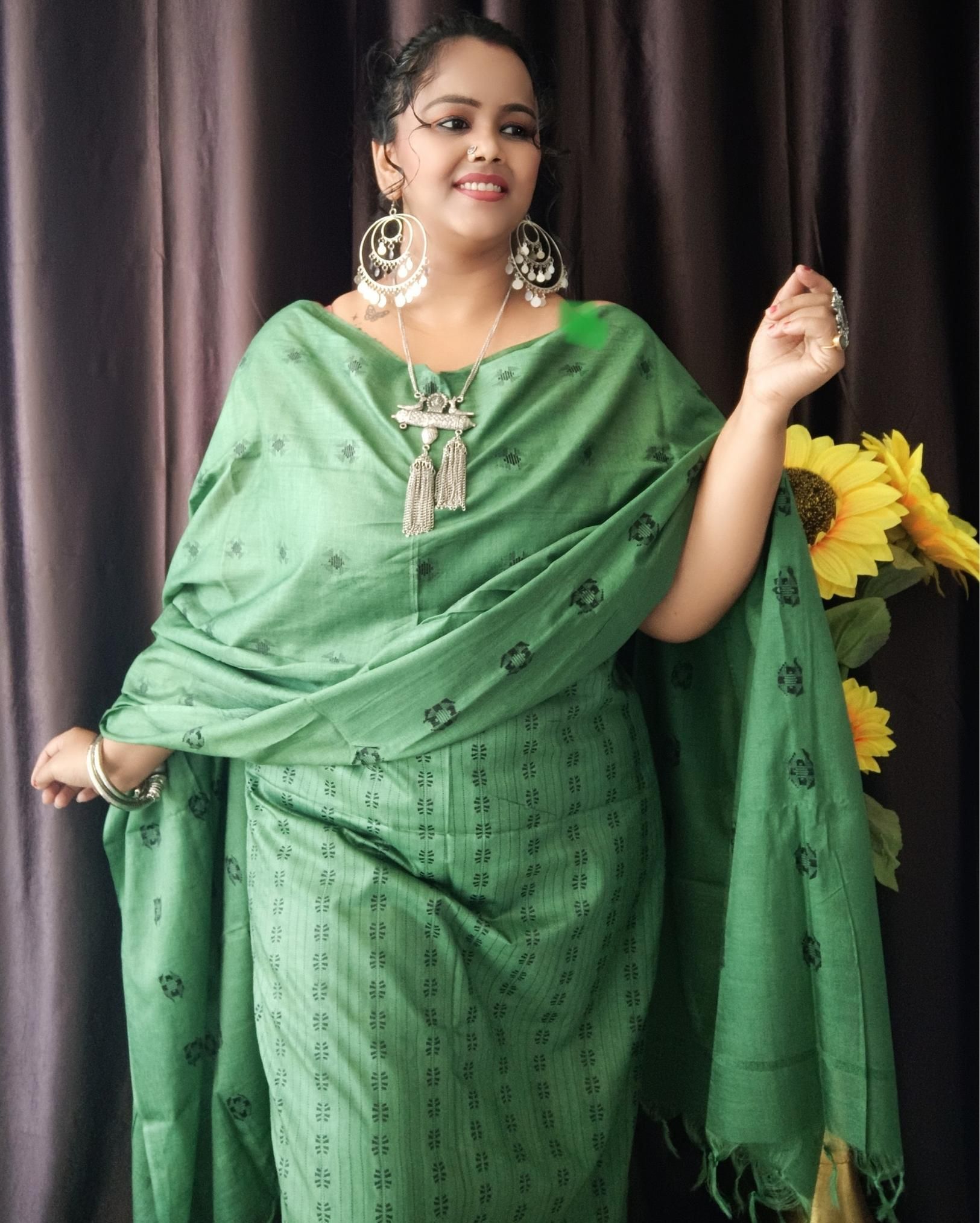 Katan Silk Handblock Printed Suit Piece Green Color with Bottom and Dupatta Handcrafted-1087