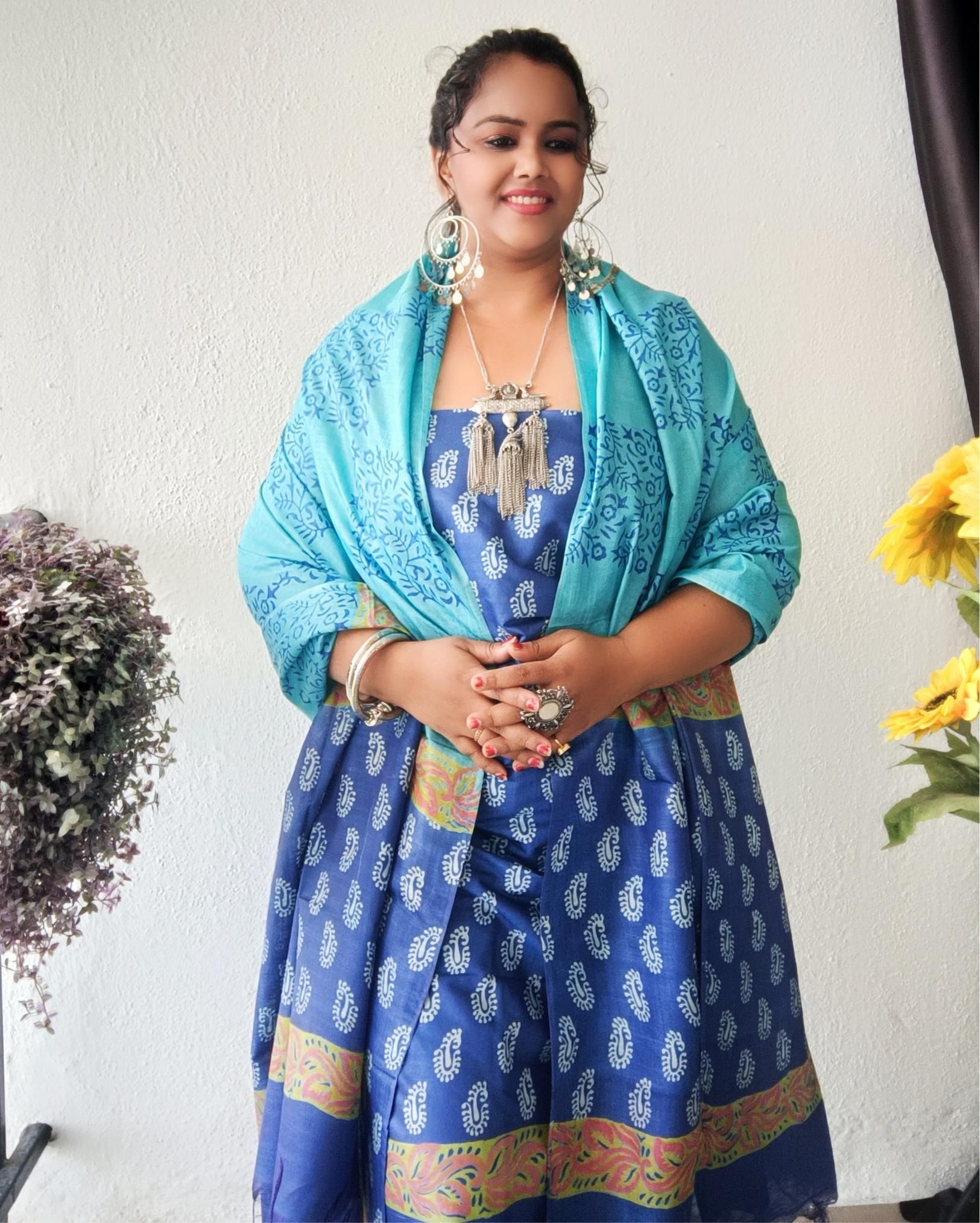 Katan Silk Handblock Printed Suit Piece Blue Color with Bottom and Green Dupatta Handcrafted-5748
