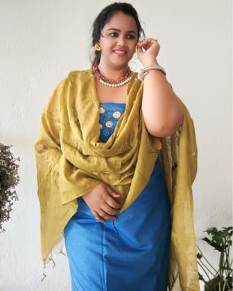 Katan Silk Embroidered Suit Piece Blue Color with Bottom and Brown Color Dupatta-3969