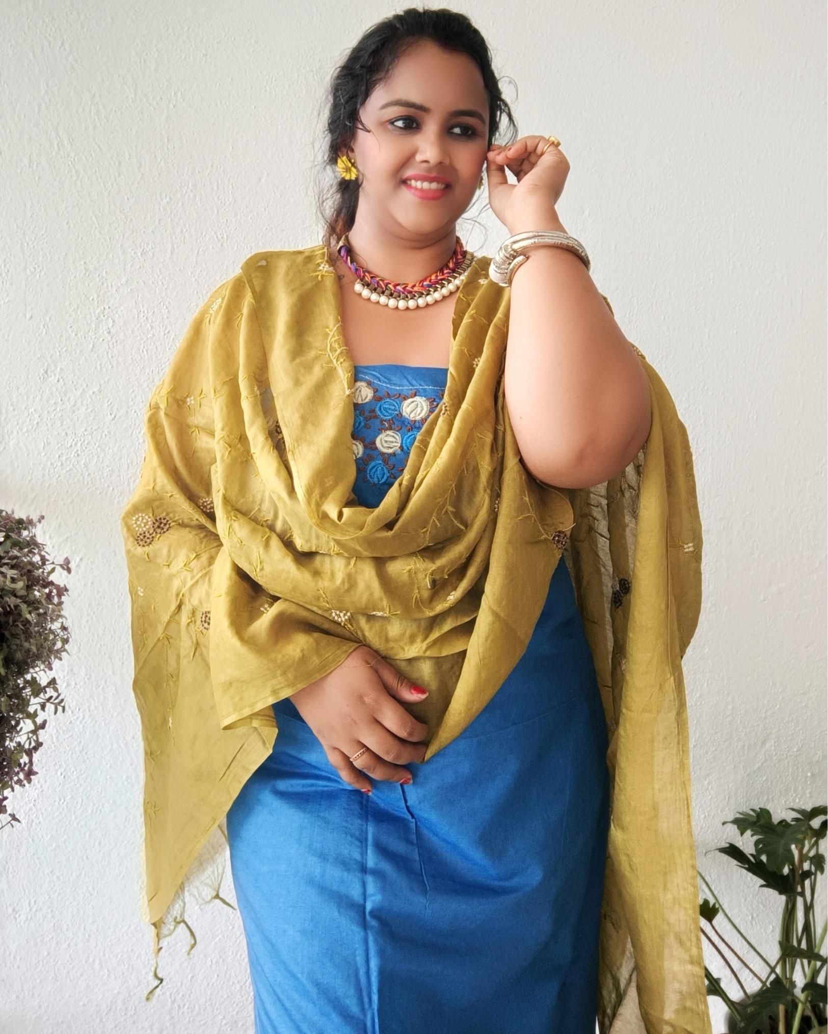 Katan Silk Embroidered Suit Piece Blue Color with Bottom and Brown Color Dupatta-3969