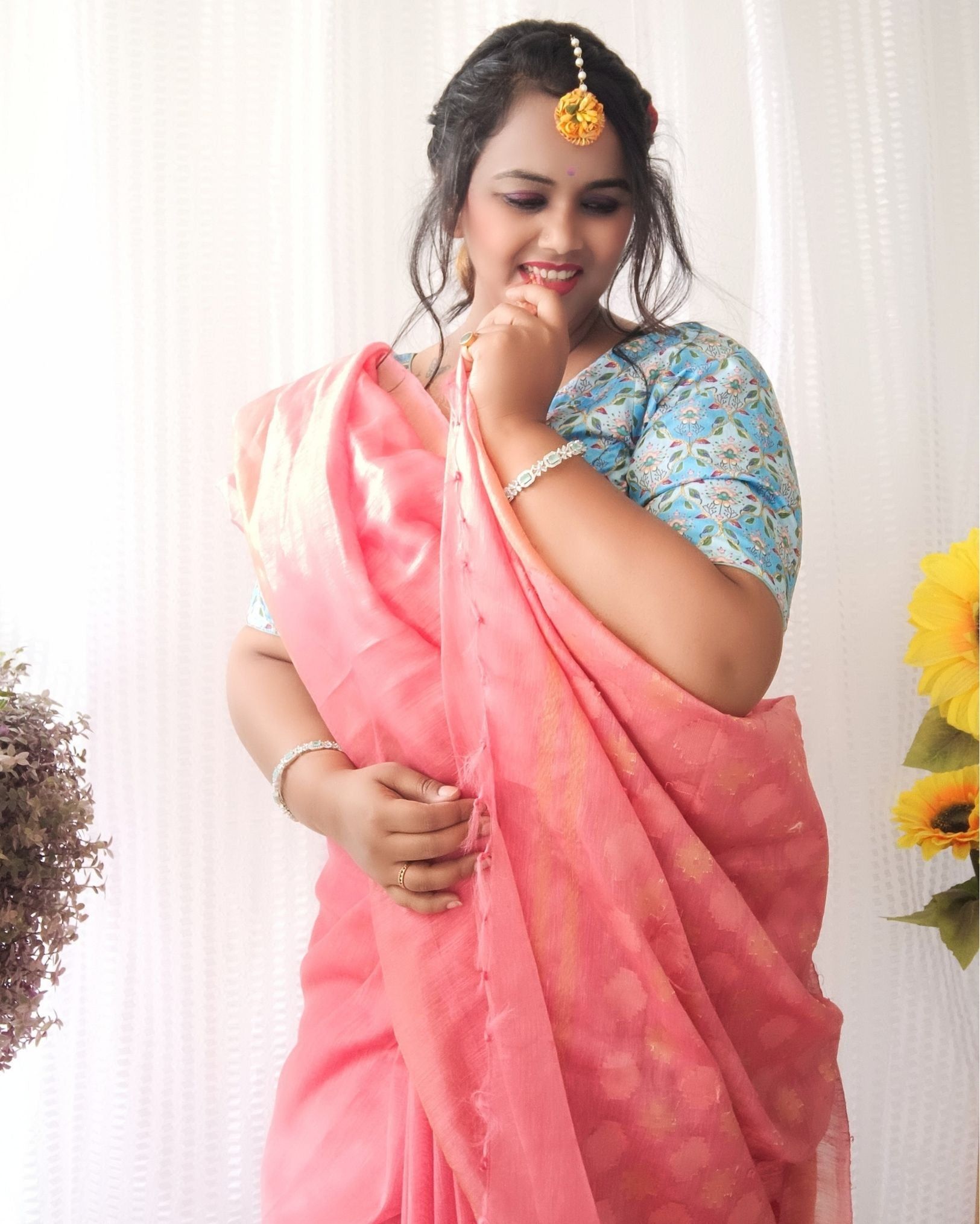 Pure Silk Linen Saree Pink Color Plain Handloom with Weaving Pattern Pallu and running blouse-5833