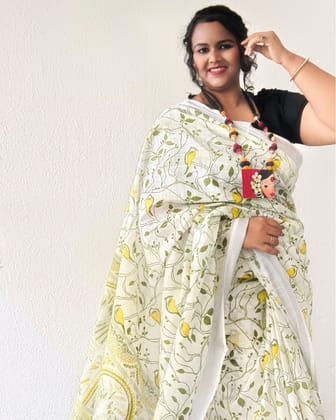 Slub Linen Batik Print Saree White & Green Color with running blouse-8310