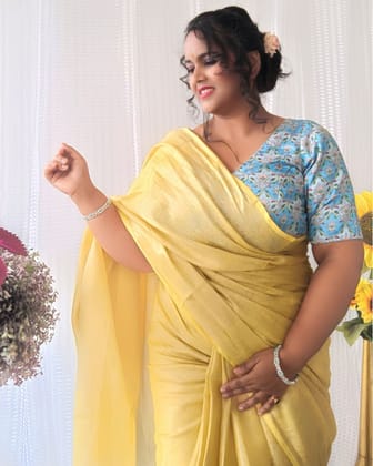 Pure Tissue Linen Hand Dyed Saree Yellow Color with running blouse-6432