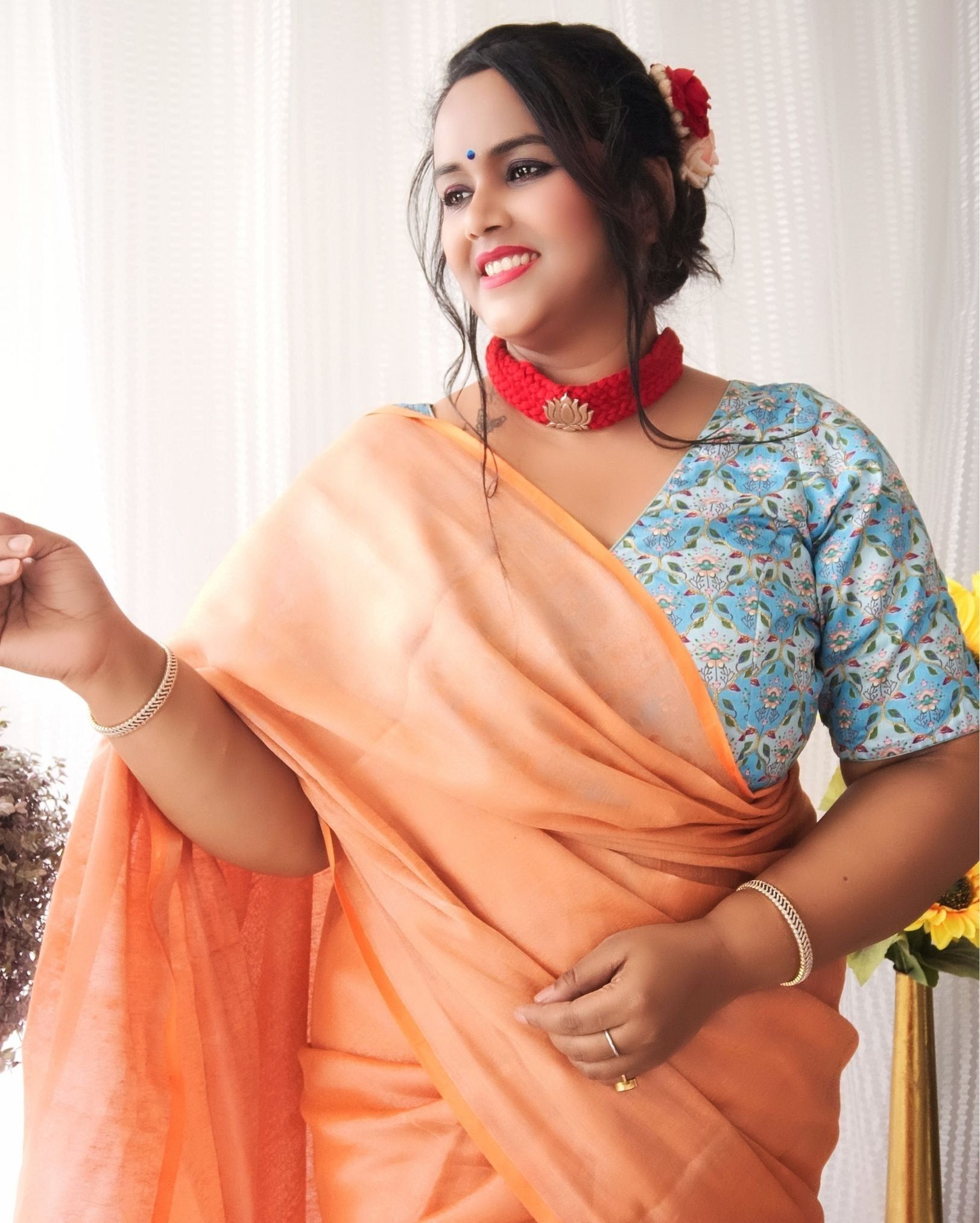 Pure Tissue Linen Hand Dyed Saree Peach Orange Color with running blouse-8189