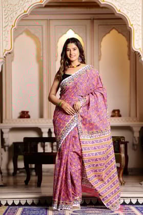 Mulmul Cotton Sarees Handblock printed with matching blouse-6702