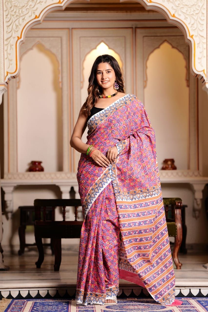 Mulmul Cotton Sarees Handblock printed with matching blouse-6702
