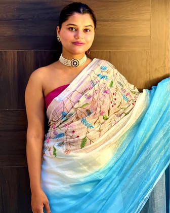 Pure Linen Saree Handloom Hand Embroidered White and Light Blue double color with attached Running Blouse-5842