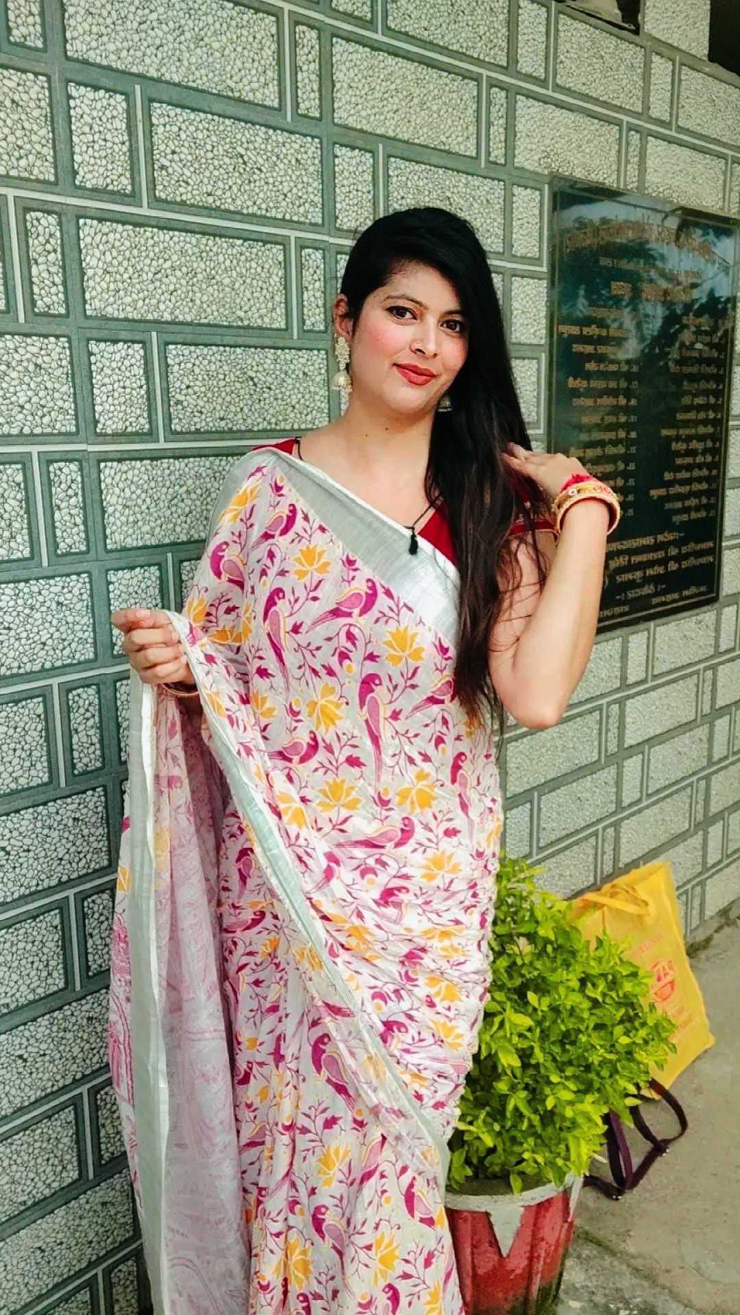 Cotton Linen Saree Off White Color Printed with running blouse-1276