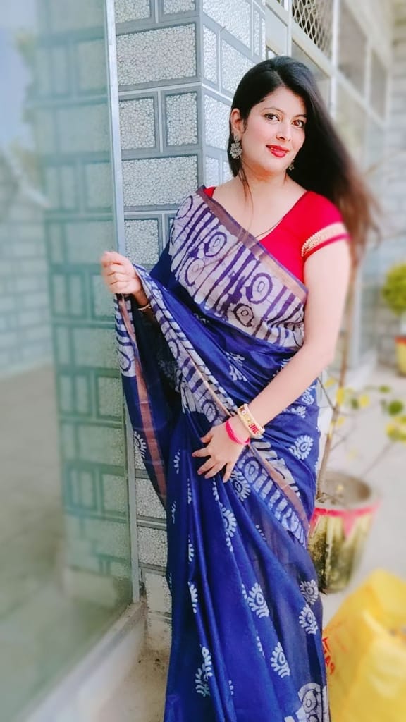 Kota Silk Saree Midnight Blue Color Batik Print with running blouse-5558 - Sarees | Buy online on ZillyBuy