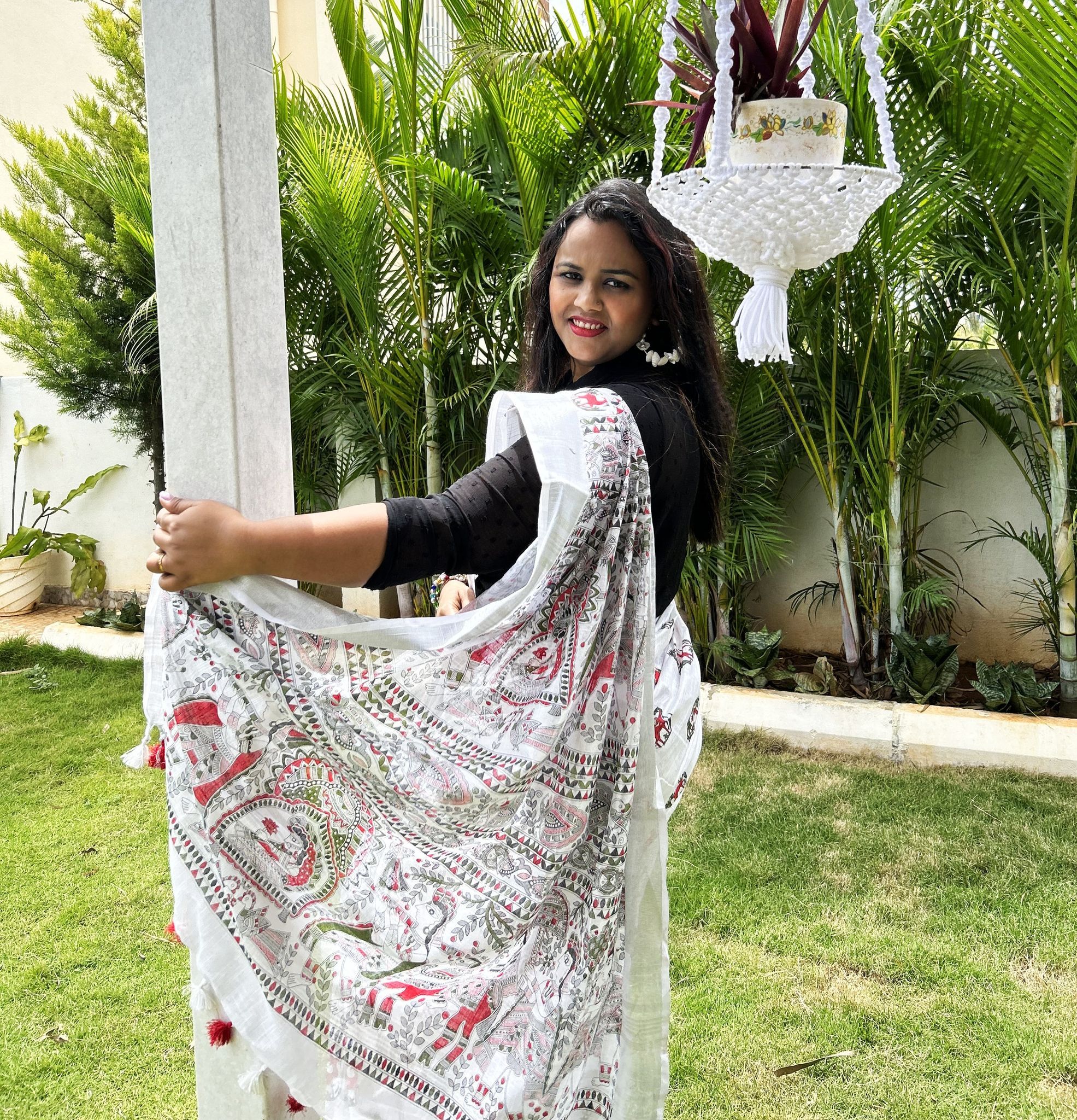 Cotton Linen Saree Azureish White Color Handblock Print with running blouse-7477