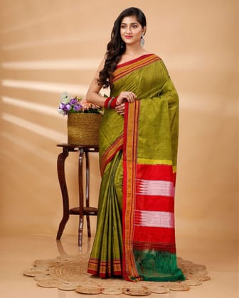 ILKAL Handloom Cotton Silk Saree Olive Green Color with running blouse-4560