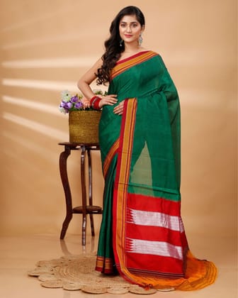 ILKAL Handloom Cotton Silk Saree Dark Green Color with running blouse-4601