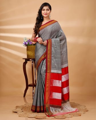 ILKAL Handloom Cotton Silk Saree Gray Color with running blouse-5131