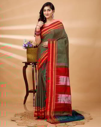 ILKAL Handloom Cotton Silk Saree Fern Green Color with running blouse-3245
